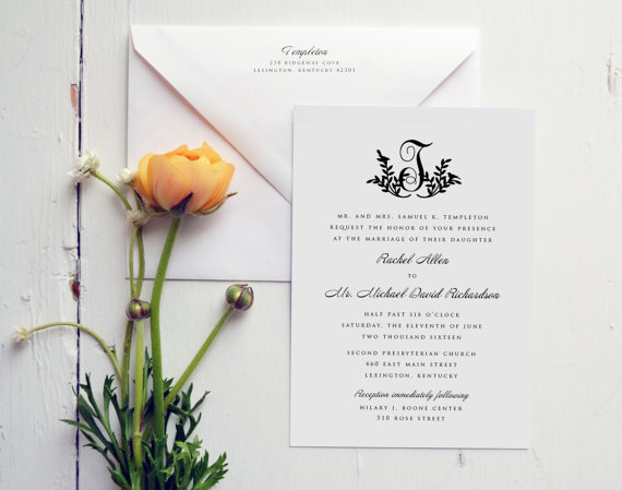 Hochzeit - Flourish Monogram Printable Wedding Invitations by JPress Designs - letterpress, classic, simple, traditional, wedding suite