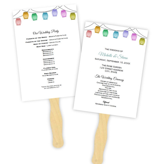 زفاف - Wedding Program Fan Template - Multi-color Hanging Lanterns - DIY Printable Template - Instant Download - Microsoft Word File