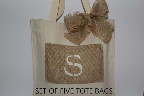 Свадьба - Rustic Bags, Set of 5 Bags, Burlap Monogram Bags, Canvas Totes, Bridesmaid Tote Bags