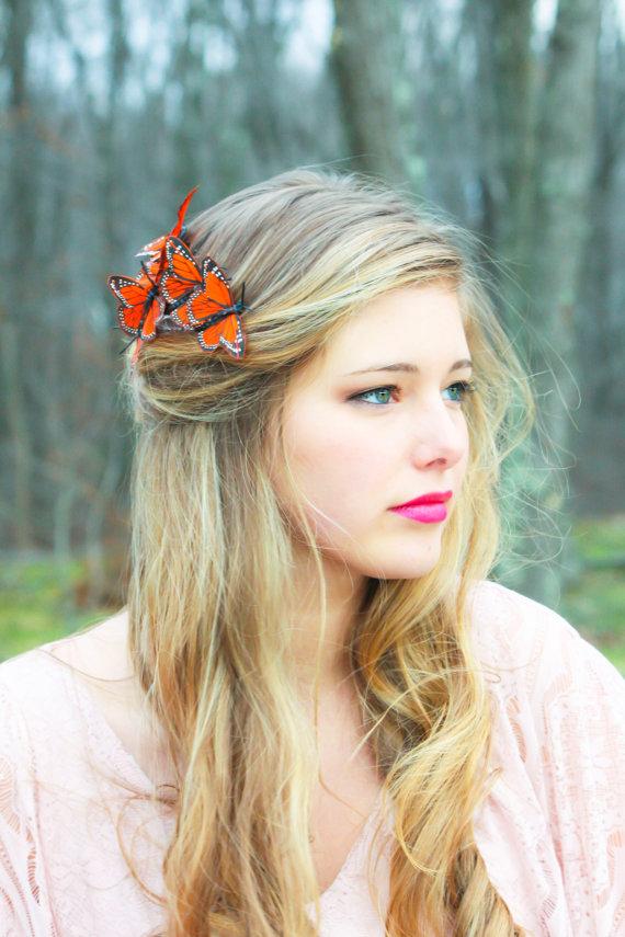 زفاف - monarch, butterfly hair comb, orange monarch hair comb