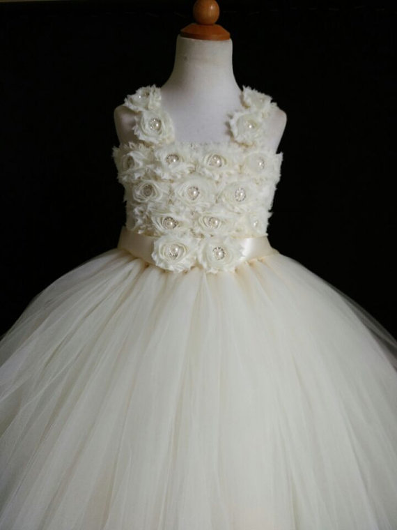 Wedding - Ivory Flower Girl Tutu Dress Princess Dress with Sash- Big Bow at back 1t 2t 3t 4t 5t Morden Wedding