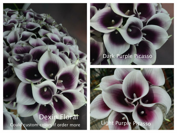 زفاف - Real Touch Purple Picasso Calla Lily For Silk Flower Bridal Bouquets Bridesmaids Bouquets Wedding Table Centerpieces, Decorations, 9pcs/set