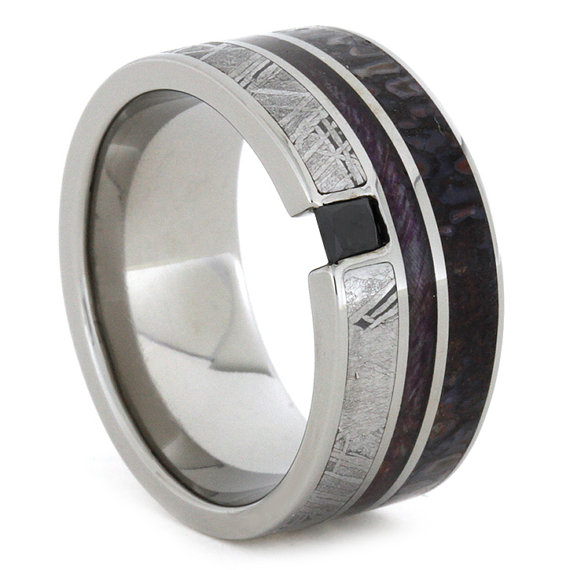 Wedding - Black Diamond Ring with Meteorite Dinosaur Bone and Purple Box Elder Burl Wood in Titanium Band
