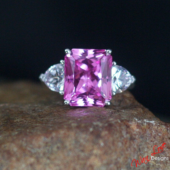 Hochzeit - Sample Sale Ready to ship-Custom Celebrity Engagement Ring Pink & White Sapphire 11ct Radiant Trillion Size 6.5 Silver white gold-Wedding