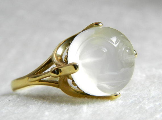Wedding - Moonstone Engagement Ring Vintage Gold Carved Moonstone Mystical Ring, Alternative June Birthstone