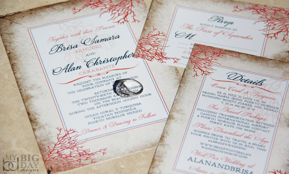 Wedding - NEW, The Coral Encounter Wedding Invitation Suite. Rustic, coral and parchment style