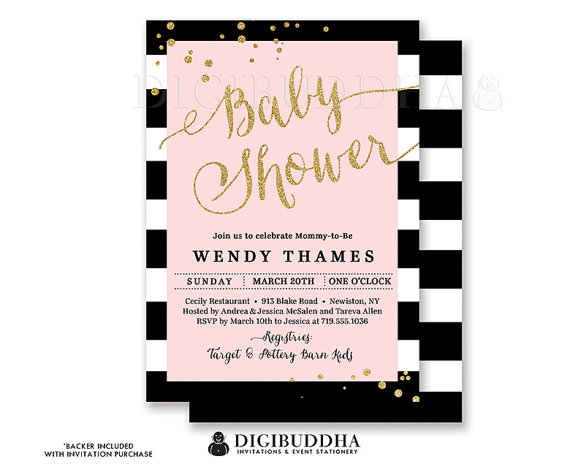 Wedding - BLACK STRIPE & PINK Baby Shower Invitation Modern Blush Gold Glitter Confetti Whimsical Baby Girl Free Shipping or DiY Printable - Wendy