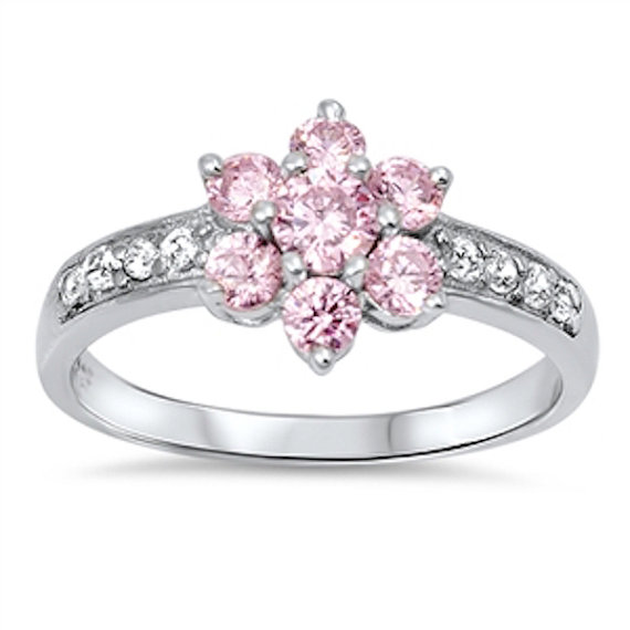 Wedding - Cluster 925 Sterling Silver Flower Ring 1.50 Carat Rose Pink Topaz Round Russian Ice Diamond CZ Dazzling Diamond Accent Ladies Ring Gift