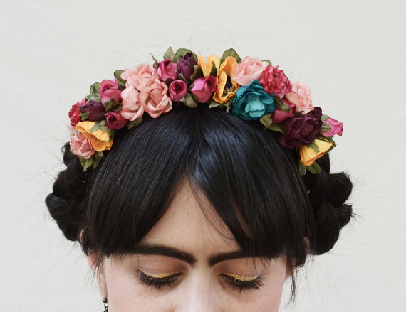 Wedding - Frida Kahlo Flower Crown - Day of the Dead Headpiece, Flower Headband, Day of the Dead, Floral, Mexican, Mexican Wedding, Fiesta, Costume