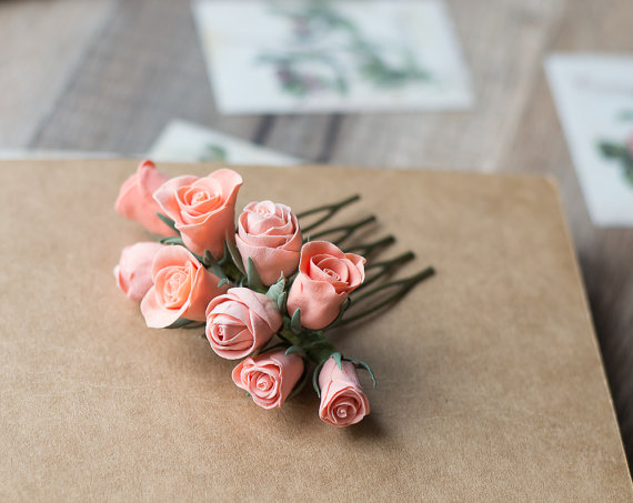 Свадьба - Small hair comb - coral hair flower - peach flower comb - rose hair comb - little, small flowers - peach wedding - bridal hair accessories