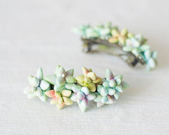 Wedding - Floral hair clip - hair barrette - succulent hair piece - floral botanical hair accessory - rustic garden wedding - porcelain, mint green