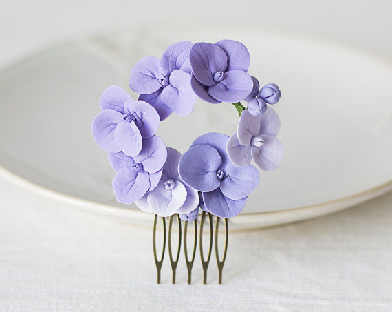 زفاف - Lilac hydrangea hair comb - lavender hair comb - garden flowers hairpiece - flowers for hair - bridal flower comb - wedding hair flower