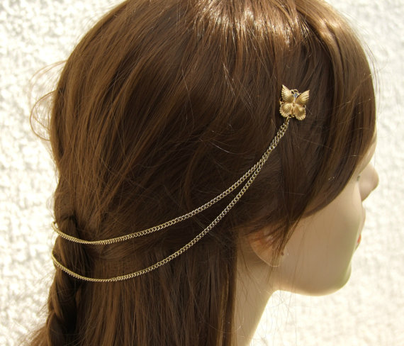 Свадьба - Butterfly Hair Comb, Butterfly Bridal Hairpiece,Gold Hair Chain,Wedding  Hair Accessories, Gold Hairpiece