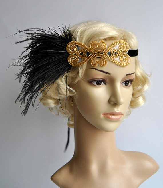 Wedding - Ready to ship Deco Gold black feather flapper Gatsby Wedding Crystal Headband, Wedding Headpiece Bridal Headpiece, 1920s Flapper headband