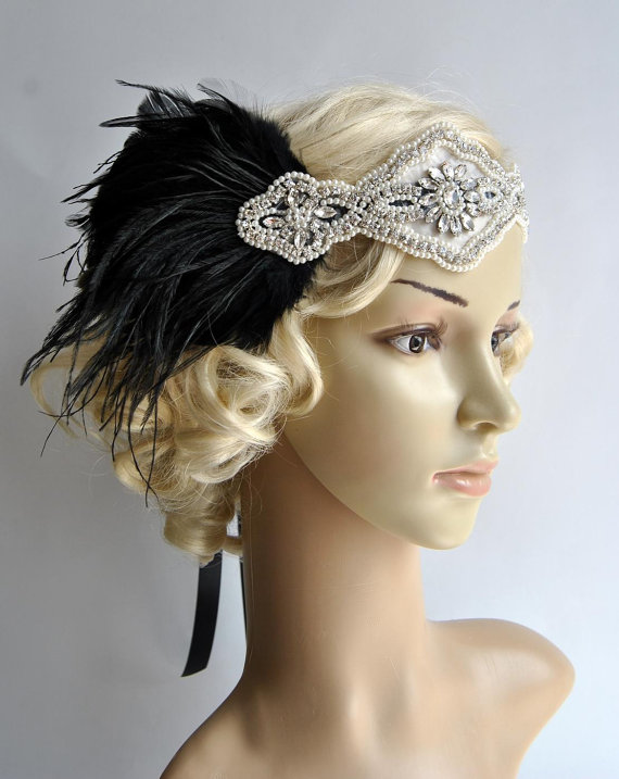 Mariage - Ready to ship Rhinestone pearls feather flapper Gatsby Headband Crystal Wedding Headpiece,Bridal Headpiece,1920 Flapper headband