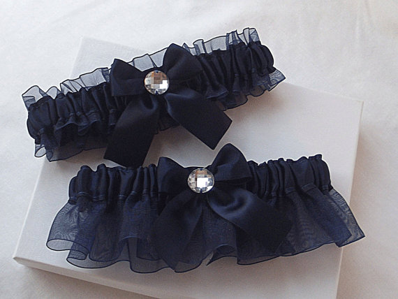 Hochzeit - Wedding Garter Set - Navy Blue Garters with Rhinestones