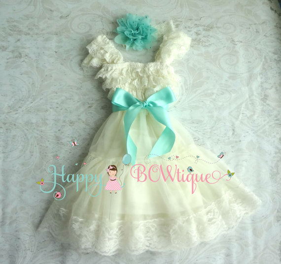 Wedding - Flower girls dress, Ivory Aqua Mint Chiffon Lace Dress set,Baby Girls' Dress, Girls 1st Birthday dress,rustic dress, Ivory Dress,Baby Girls