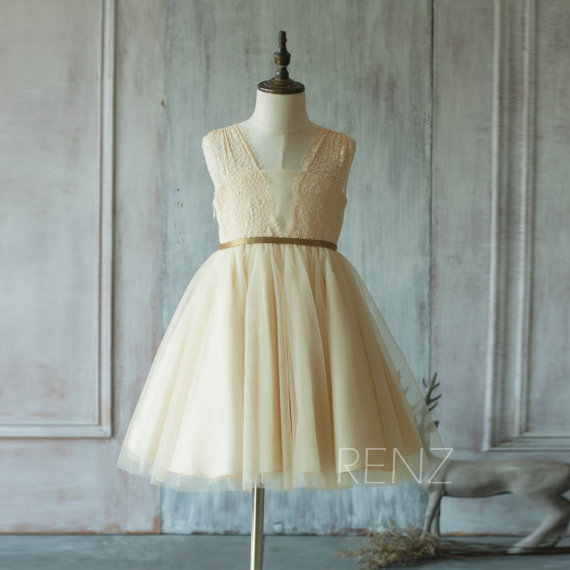 زفاف - 2015 Beige Junior Bridesmaid Dress, Lace Flower Girl Dress, V neck Taffeta Beading Dress (FK305)