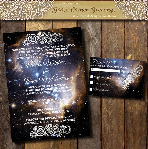 Hochzeit - Printable Nebula Galaxy Wedding Invitation suite, Space theme invitations, Digital kit, Wedding set,Gallifreyan symbol invitation RSVP