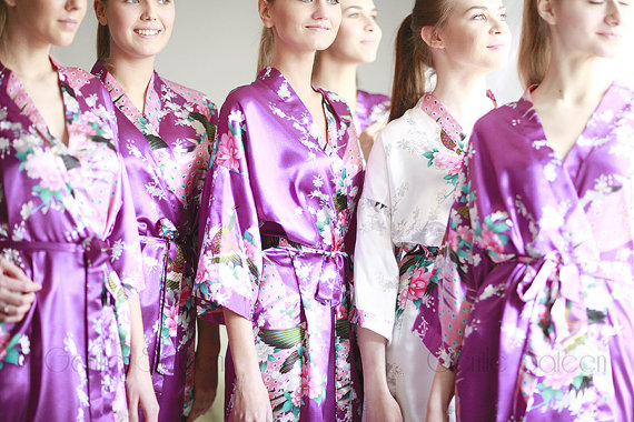 زفاف - Ship from USA, Set of 5 Bridesmaid Satin Robes, Kimono Robe, Regular and Plus Size Robe