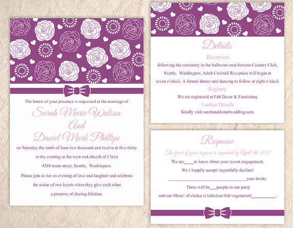 Wedding - DIY Wedding Invitation Template Set Editable Word File Instant Download Printable Purple Wedding Invitation Floral Rose Wedding Invitation