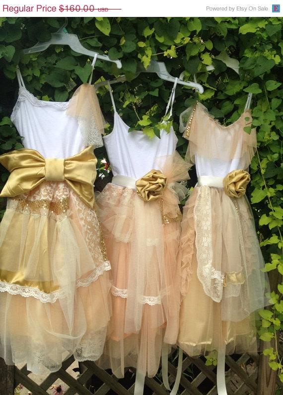 Mariage - Junior Bridesmaid Peach and Gold Shabby Chic Gown for Teen Girls, Boho Gown, Boho Dress, Dress for Tweens