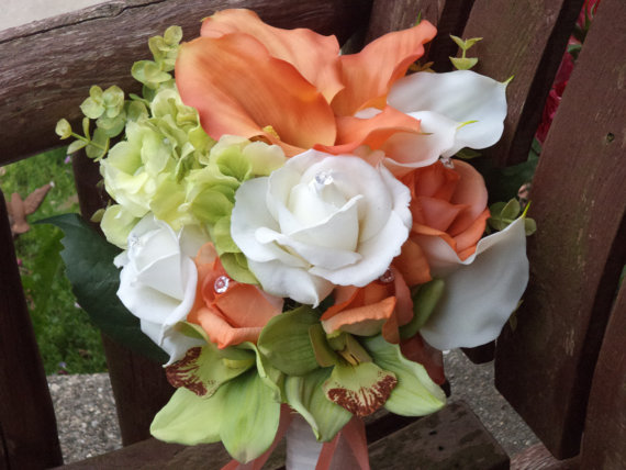 Hochzeit - 4 pc Beach Wedding / Destination Wedding / Tropical Flowers Coral Ivory and Lime Real Touch Silk Bridal Bouquet / Silk Wedding Flowers