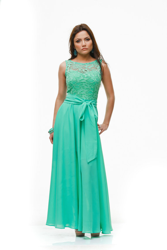 Свадьба - Wedding Aqua Mint Maxi Dress,Formal Chiffon Lace Dress Bridesmaid.