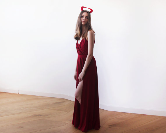 زفاف - Bordeaux straps wrap dress, Red bridesmaids dress with a slit