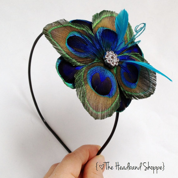 Mariage - TUSCANY Headband -  Peacock Feather Headband with Turquoise Accents - Made to Order