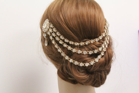 Hochzeit - Gold Vintage Inspired Bridal Hair Chain Wedding Head Chain Gold 1920's Bridal hair comb wedding hair comb bridal hair jewelry