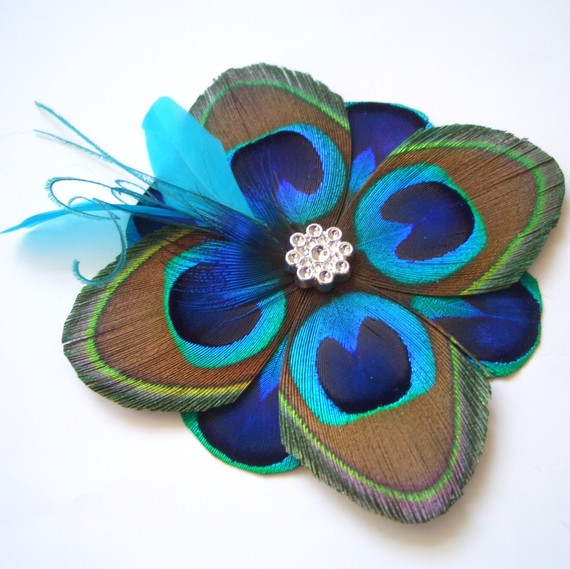 زفاف - TUSCANY II -  Peacock Feather Fascinator with Turquoise Accents - Made to Order