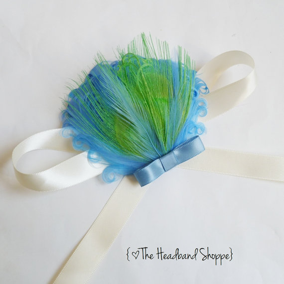 Hochzeit - JESSIE Wrist Corsage - Light Blue and Lime Green Peacock Wrist Corsage for Prom or Special Events