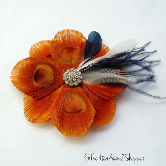 Hochzeit - Orange, Navy Blue and Ivory Brooch Pin - TUSCANY - Custom Designed As a Brooch or Hairclip