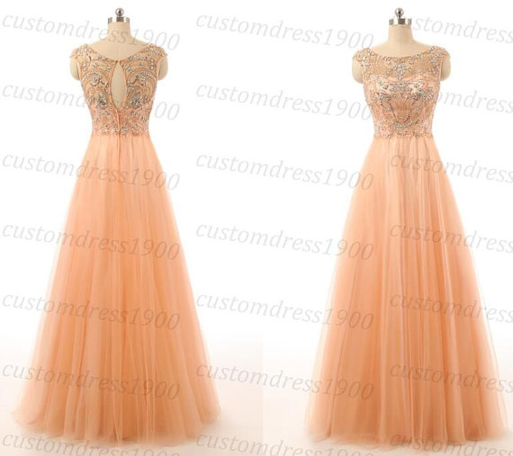 Mariage - Sexy Coral Cap Sleeve Beading Tulle Bridesmaid Dress Handmade Coral Girls Long Prom Dress/Wedding Party Dress