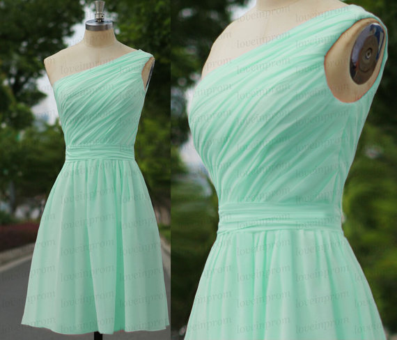 Свадьба - Mint bridesmaid dress,one shoulder mint party dress,handmade chiffon wedding party dress/prom dress/short mint bridesmaid gown