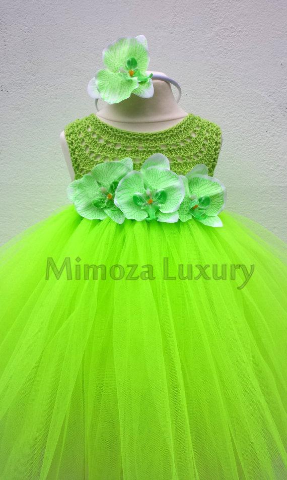 Wedding - Orchid Flo Green Flower girl dress, lime tutu dress bridesmaid dress, flo green princess dress, crochet top tulle dress, orchid tutu dress