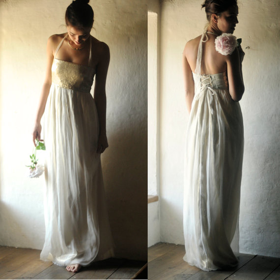 Hochzeit - Gold Wedding dress, Bridal Gown, Evening dress, Chiffon dress, Bohemian wedding dress, boho wedding dress, Alternative wedding, Prom dress