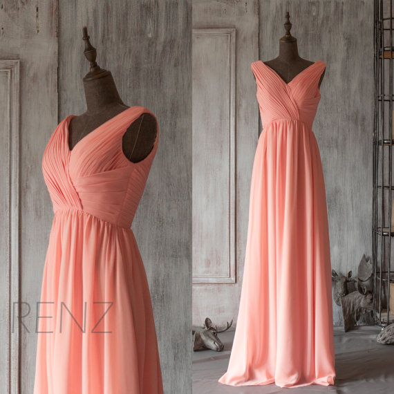 Mariage - 2015 Coral Bridesmaid dress, Blush Pink Wedding dress, Chiffon Party dress, Formal dress, Maxi dress, Woman Evening dress floor length(F126)