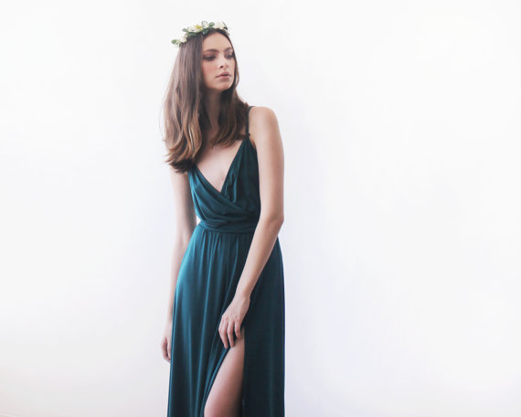Hochzeit - Green forest straps wrap dress, Emerald bridesmaids dress with a slit