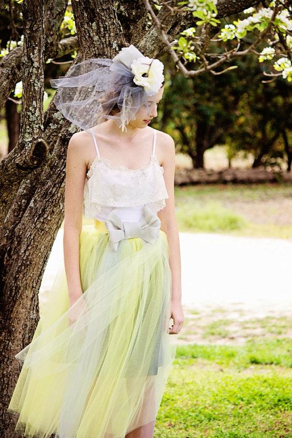 Mariage - Bridesmaids Tulle Tutu Gown with Lace collar, Shabby Chic, Rustic, Tutu, Yellow and Gray