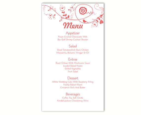 Mariage - Wedding Menu Template DIY Menu Card Template Editable Text Word File Instant Download Red Menu Bird Floral Menu Card Printable Menu 4x7inch