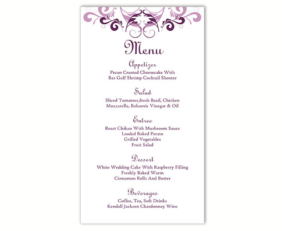 Свадьба - Wedding Menu Template DIY Menu Card Template Editable Text Word File Instant Download Purple Menu Eggplant Menu Card Printable Menu 4x7inch