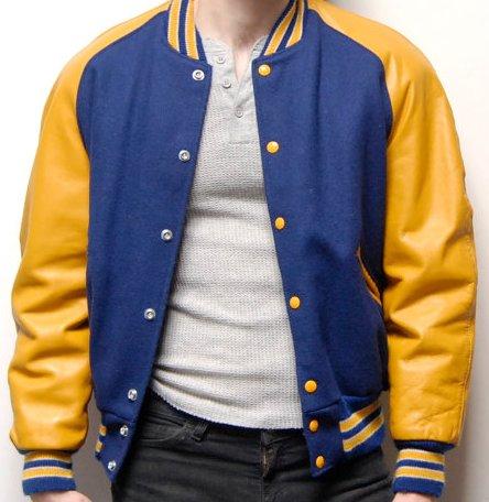 Wedding - BLUE AND YELLOW LEATHER BOMBER LETTERMAN JACKET