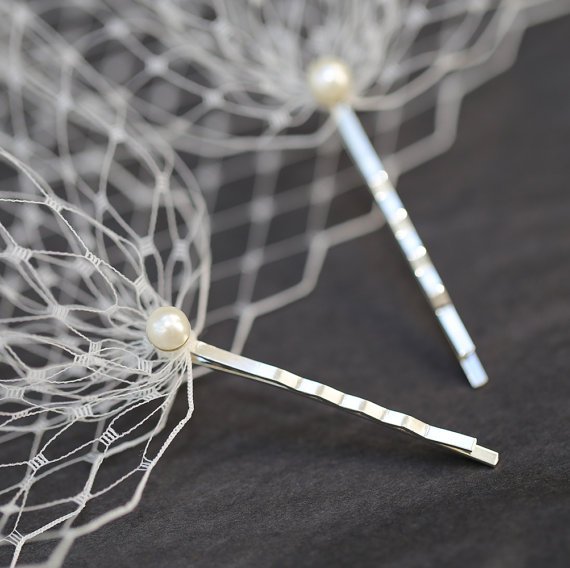 زفاف - Ivory Pearl Hair Pins With French Net Bandeau Style Veil Blusher Birdcage Veil