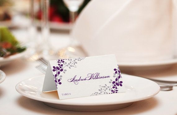 Wedding - Wedding Place Card Template - DOWNLOAD Instantly - EDITABLE TEXT - Exquisite Vines (Purple & Silver) Foldover - Microsoft Word Format