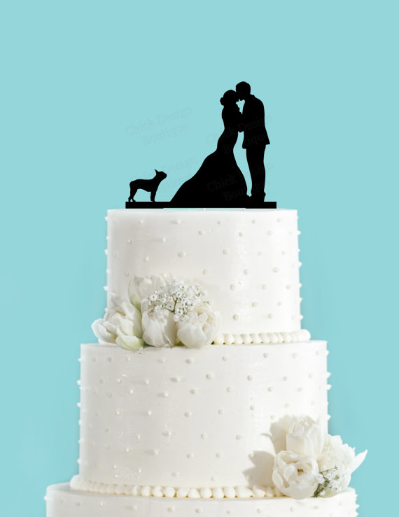 Wedding - Couple Kissing with Boston Terrier Dog Acrylic Wedding Cake Topper