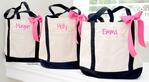 زفاف - Set of 3 Personalized Wedding Bridesmaids Tote Gifts  in Black or Pink