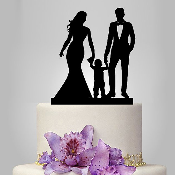 Novelty Bride & Groom Silhouette with Kid Acrylic Wedding Cake Topper 