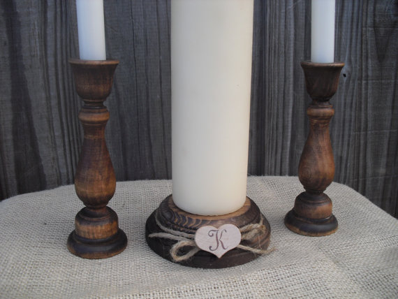 زفاف - Monogram Rustic Wood Unity Candle Set - Item 1203